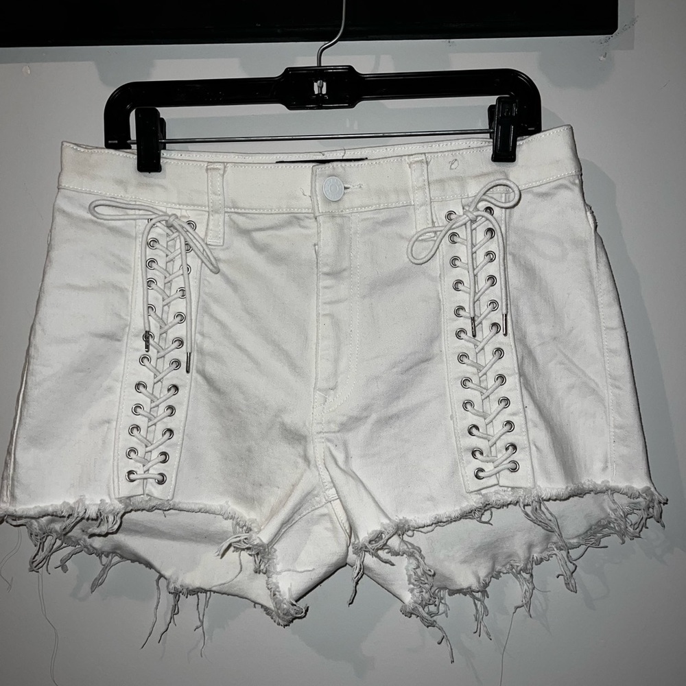 Express High Waisted Front Double Lace Up Jean Shorts